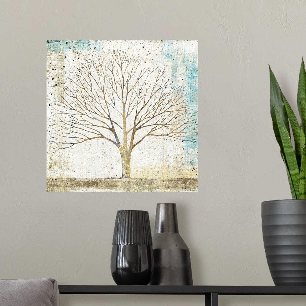A modern room featuring Contemporary mixed media painting of a single tree in a field.