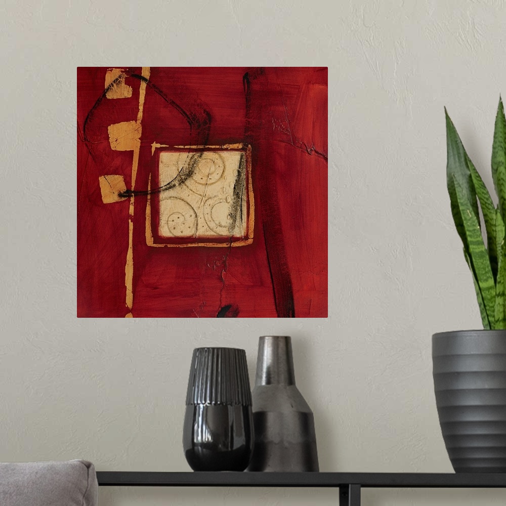 A modern room featuring Abstract artwork with a deep red background that has several squares painted over it with streaks...
