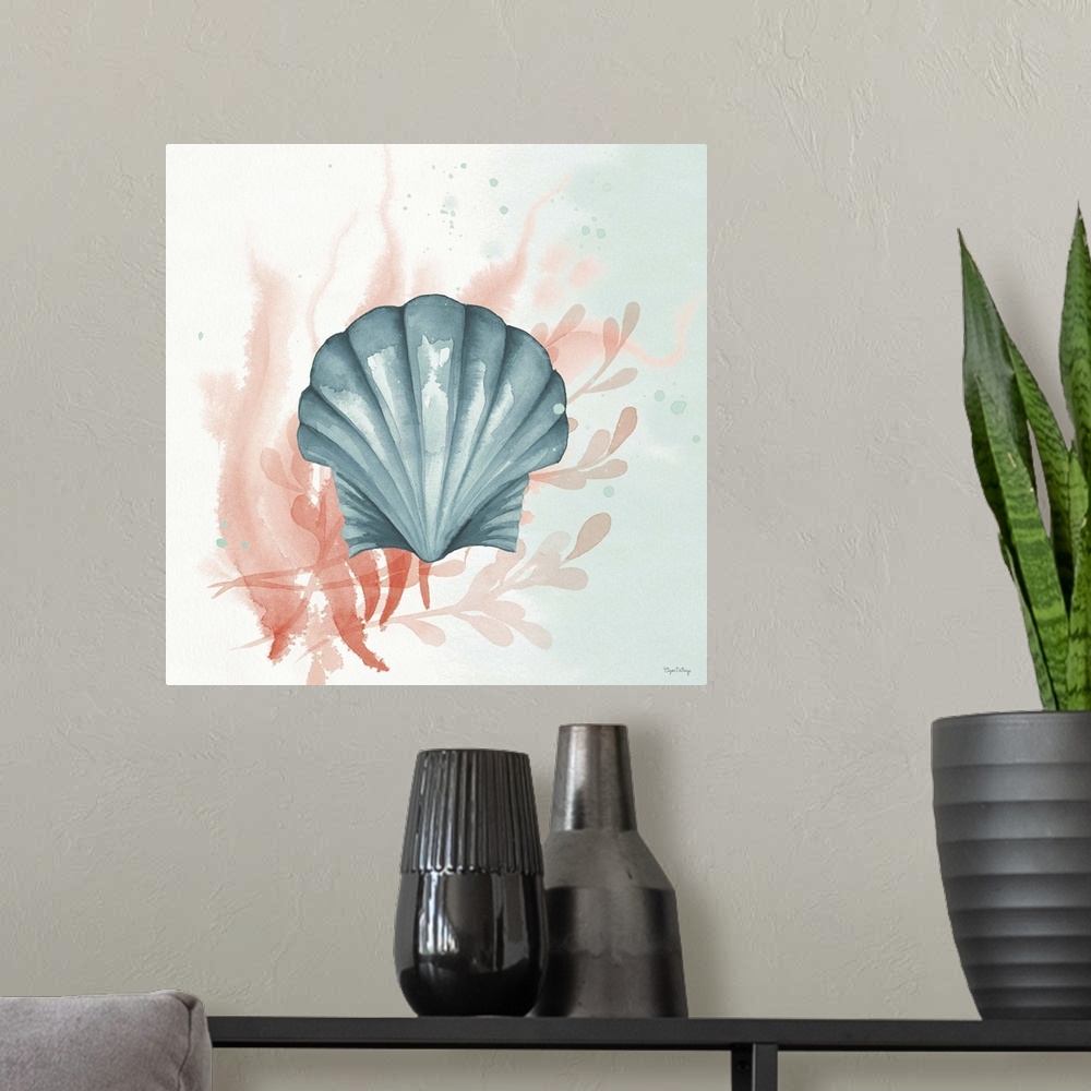 A modern room featuring Watercolor painting of a seashell and seaweed in blue and coral hues on a square background.