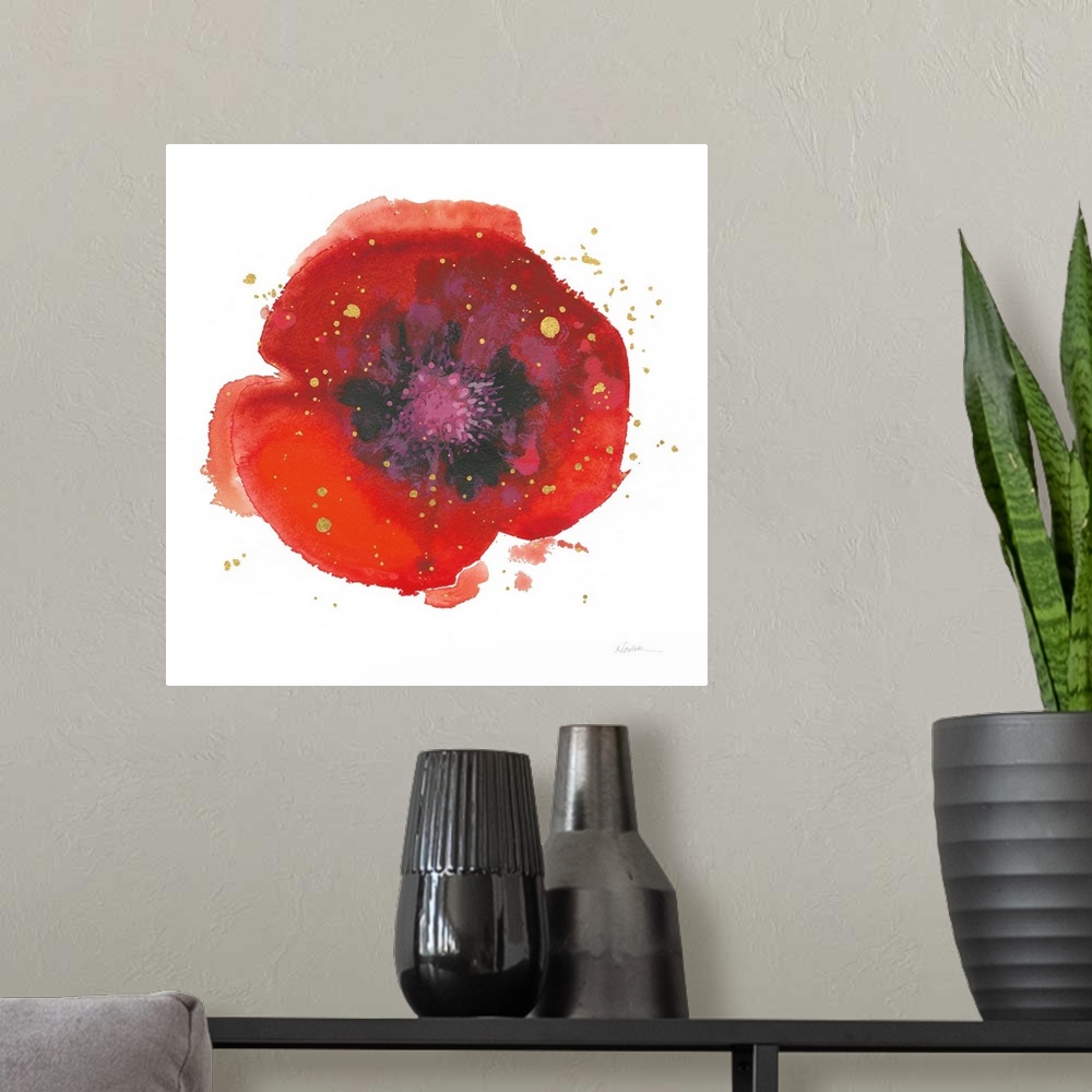 A modern room featuring Square watercolor painting of a red poppy flower with a purple and black center and sparkly gold ...