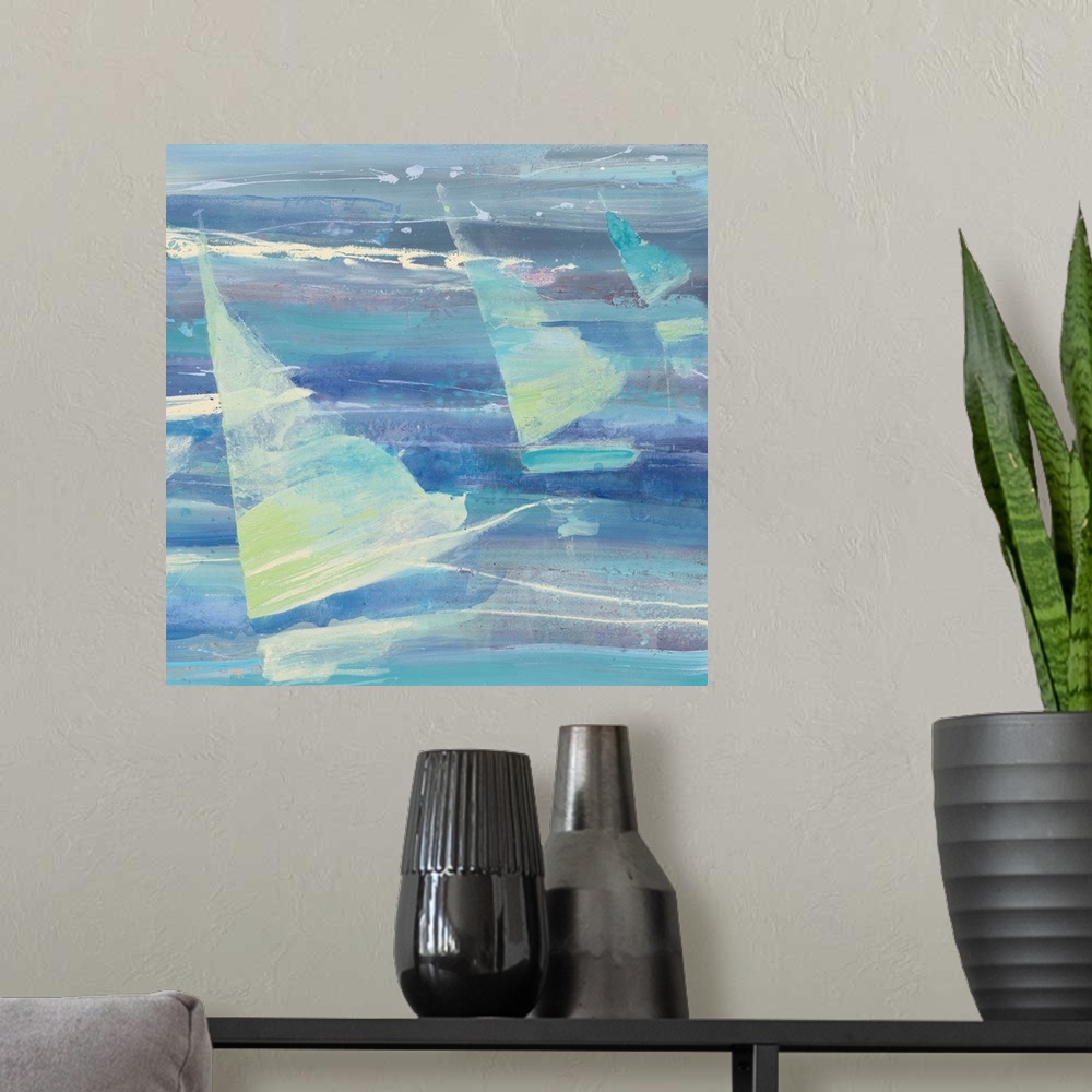 A modern room featuring Contemporary painting of three sailboats on the water in varying shades of blue and green.