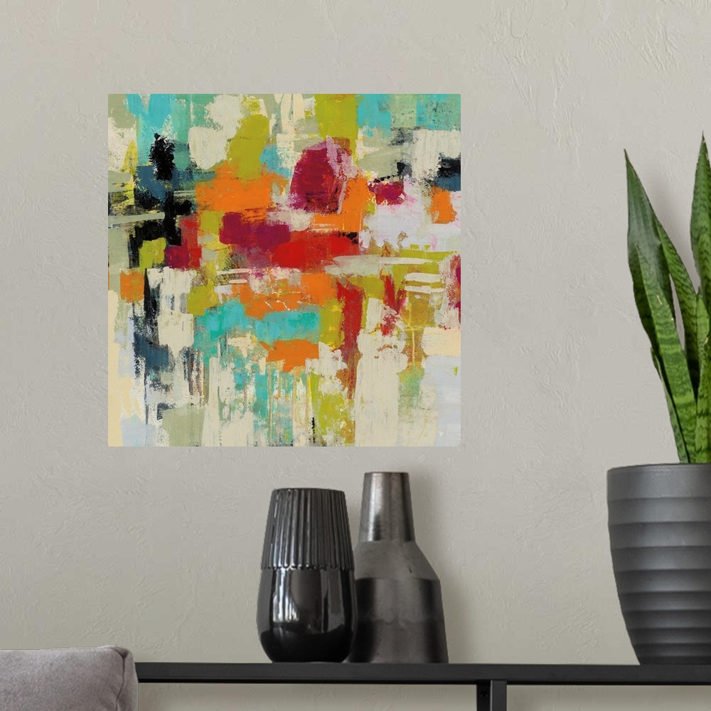 A modern room featuring Contemporary abstract painting using wild colors.