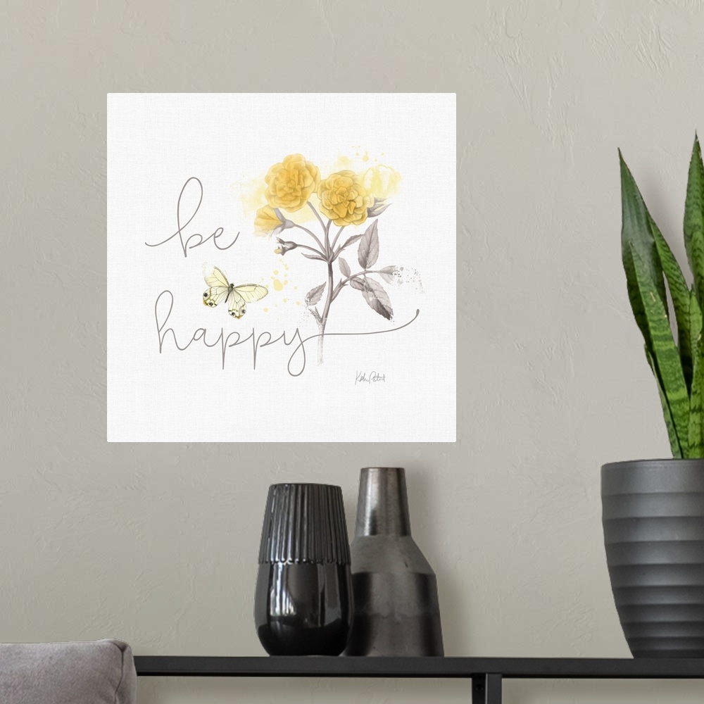A modern room featuring Square watercolor painting of yellow daffodils and a butterfly with the phrase "be happy" written...