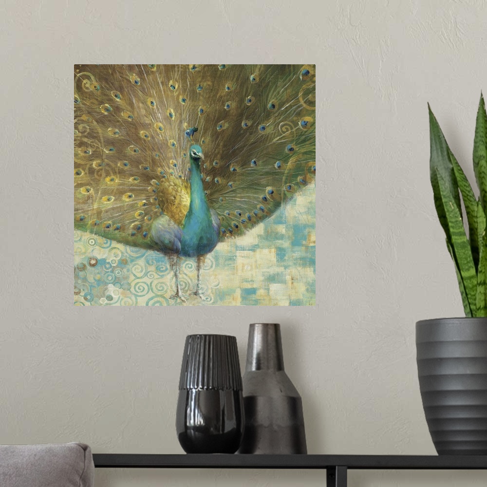 A modern room featuring Teal Peacock on Gold