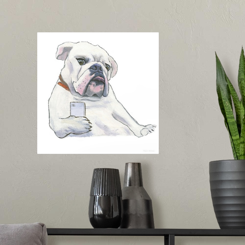 A modern room featuring Square painting of a white bulldog using a cellphone on a solid white background.