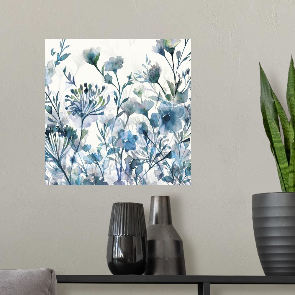 A modern room featuring Image of several watercolor flowers in cool blue and green tones.