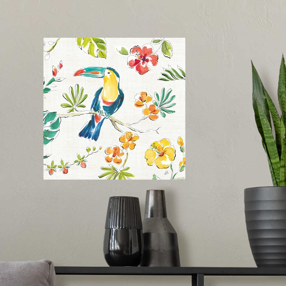 A modern room featuring Square image of a toucan on a branch surrounded by topical plants.