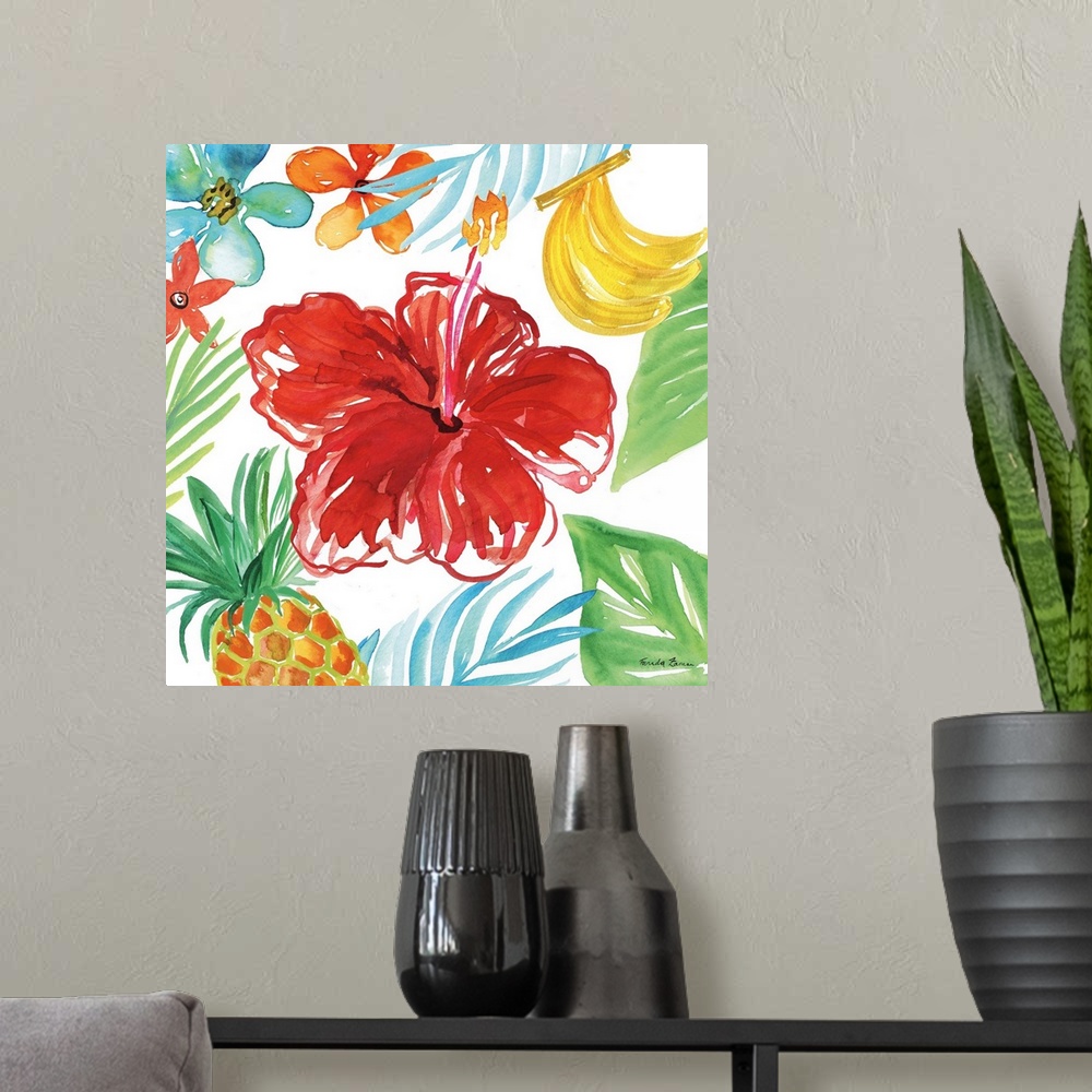 A modern room featuring Vibrant painting of a red flower surrounded by tropical plants, flowers, and fruit on a white squ...