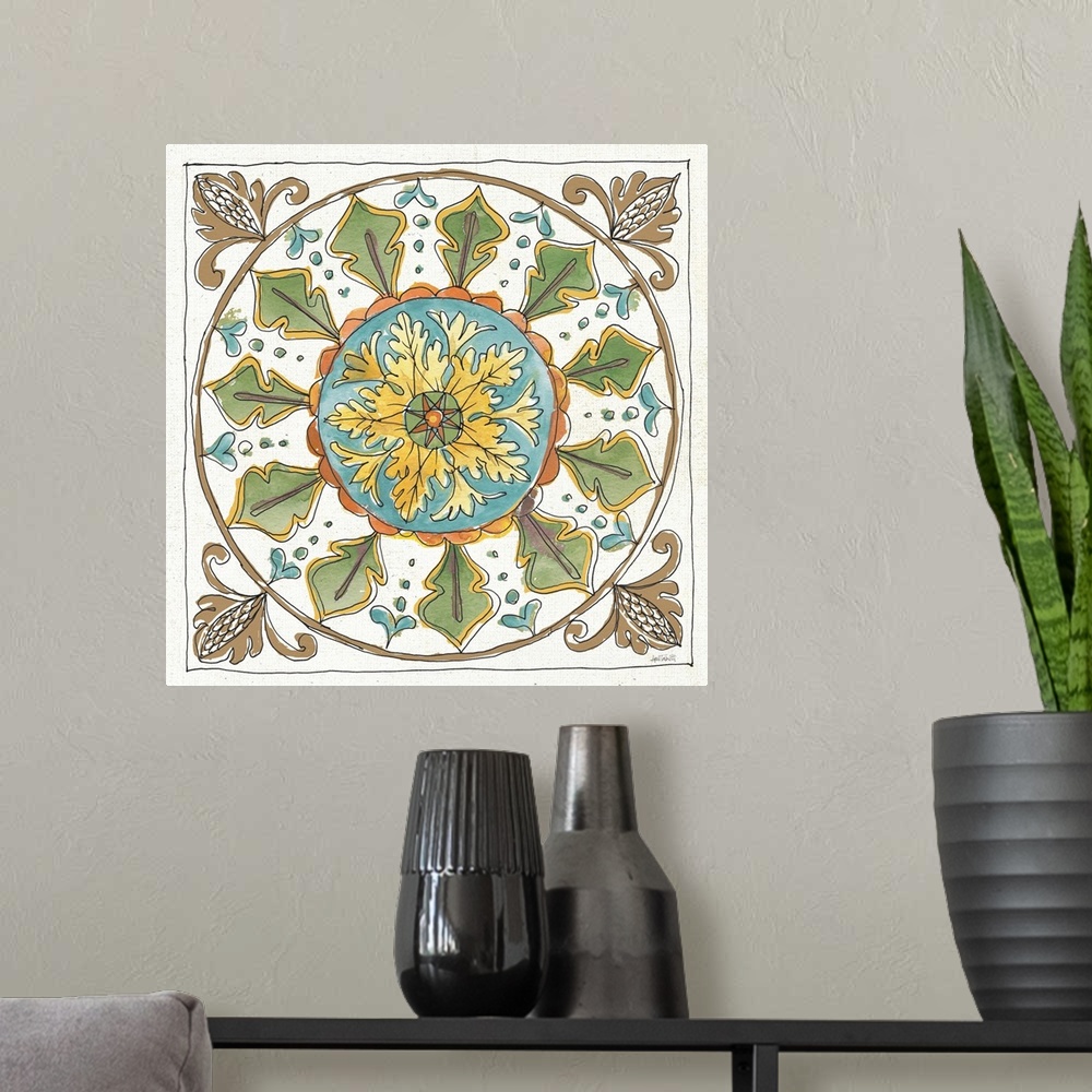 A modern room featuring Square art with a symmetric Tuscan tile design.