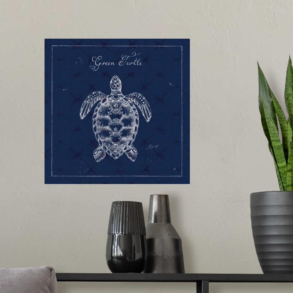 A modern room featuring Square illustration of green turtle in a pen and ink style with a blue weaved texture backdrop.