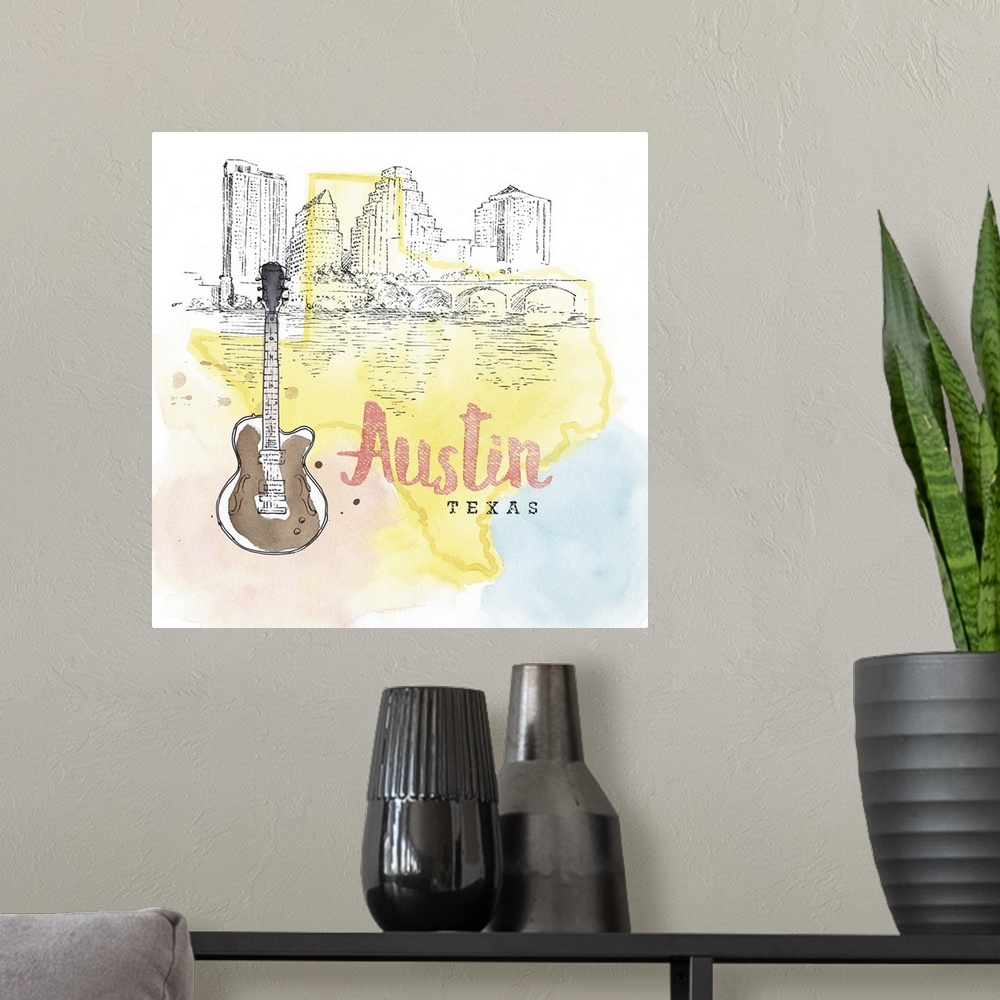 A modern room featuring Square watercolor and ink illustration of an Austin skyline with a guitar and a yellow outline of...