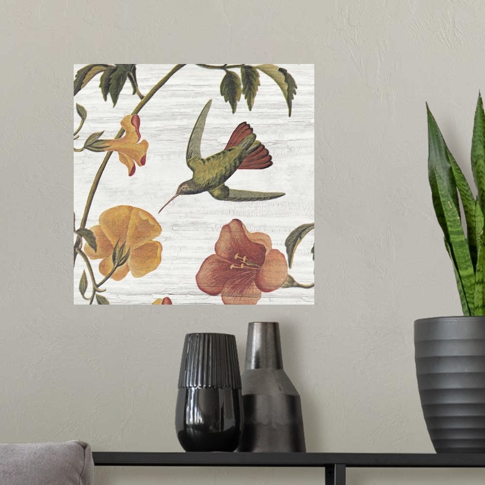 A modern room featuring Vintage stylized artwork of a hummingbird flying to a colorful flower against a weathered backgro...