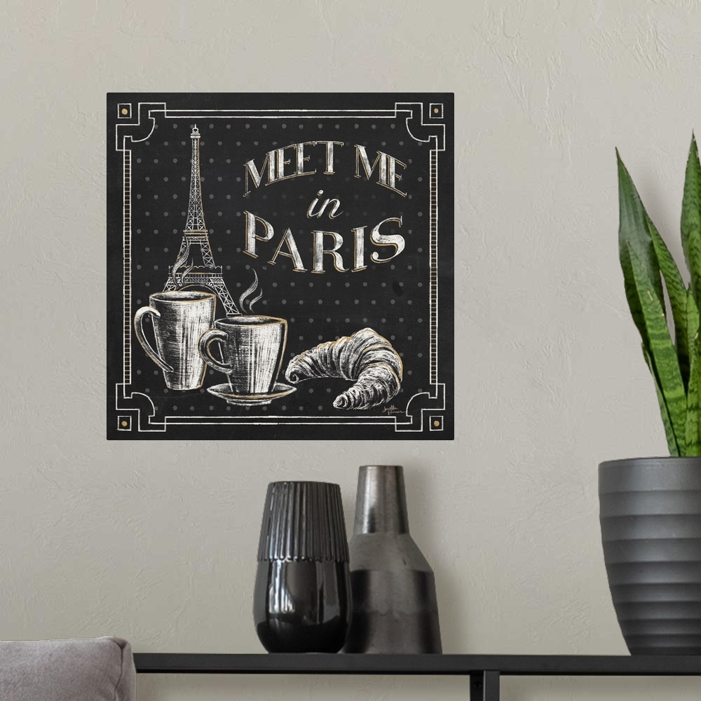 A modern room featuring Square chalkboard sketch with the phrase "Meet Me in Paris" and an illustration of the Eiffel Tow...
