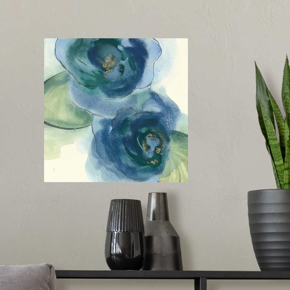 A modern room featuring Square painting of two poppy flowers made with blue and green tones on a white background with wa...