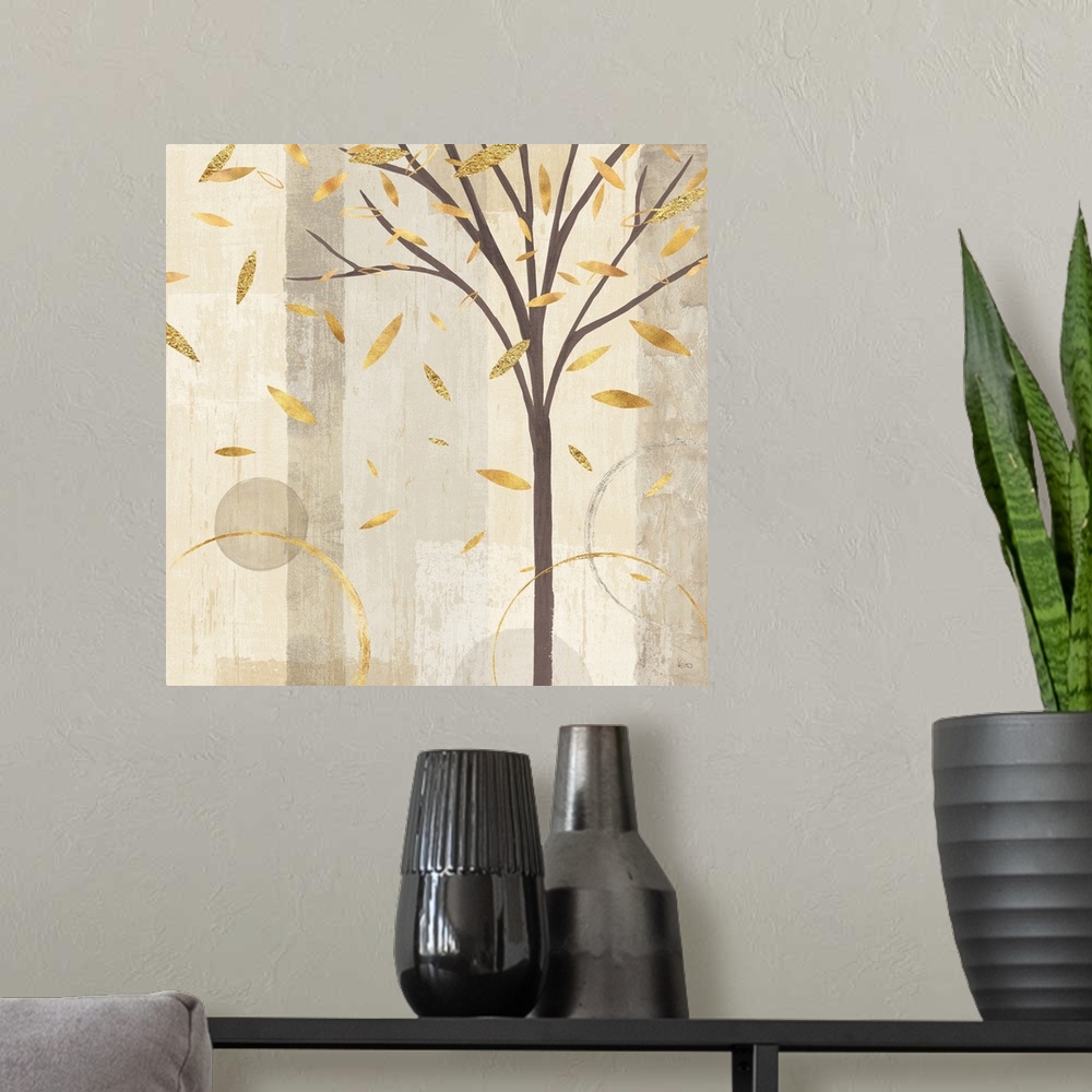 A modern room featuring Watercolor painting of a tree shedding metallic gold leaves on a background made with different s...