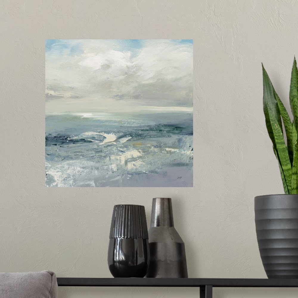 A modern room featuring Abstract landscape of ocean waves with energetic brush strokes and turbulent blues.