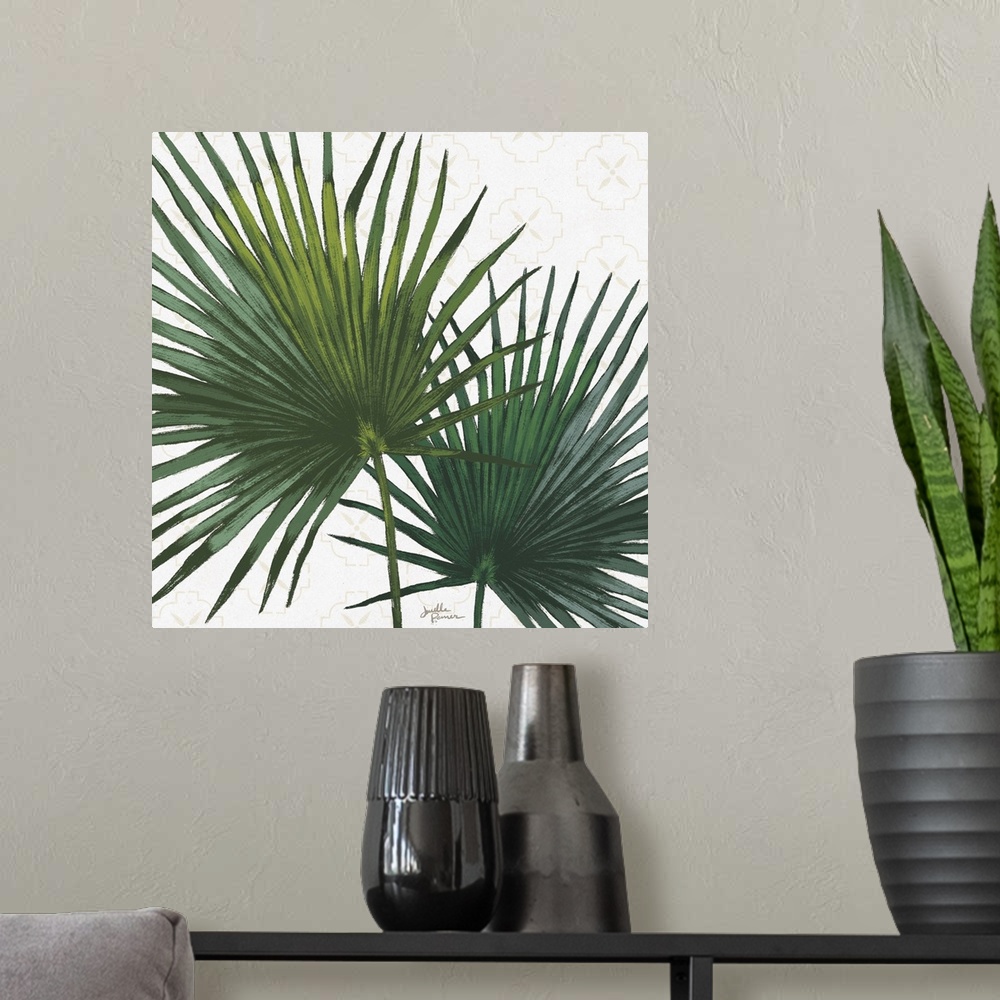 A modern room featuring Square art of green palm leaves on a white background with a faint beige pattern.