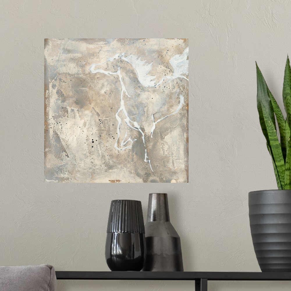 A modern room featuring Contemporary artwork featuring a white outline of a horse galloping over a beige abstract backgro...