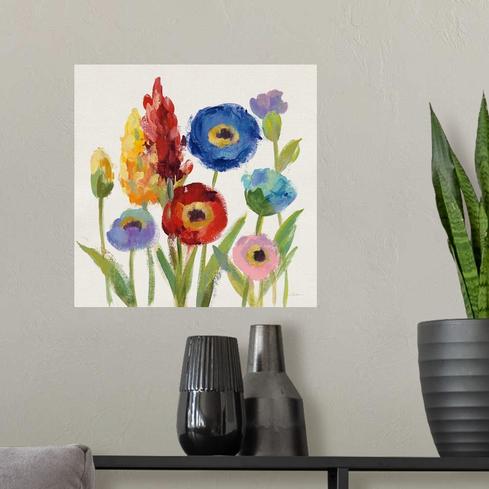 A modern room featuring Square contemporary painting of colorful wildflowers on a white background.