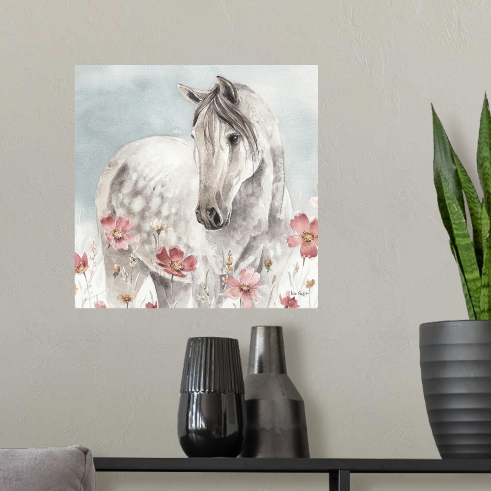 A modern room featuring Contemporary watercolor artwork of a white horse in a field of wildflowers.
