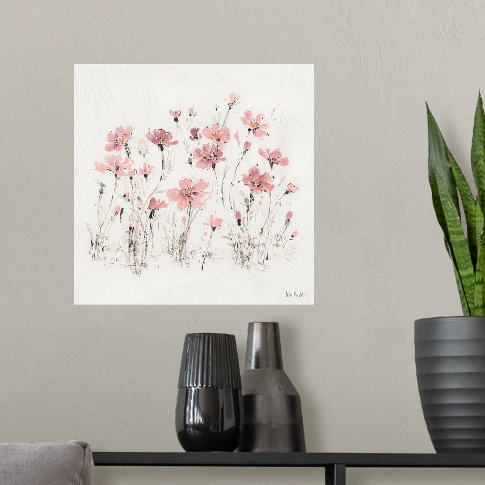 A modern room featuring Contemporary artwork of pink wildflowers sprouting from a textured white background.