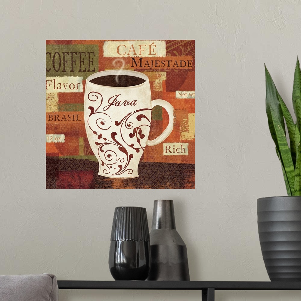 A modern room featuring Canvas painting of a large cup of steaming coffee with blocks of color with words that describe c...