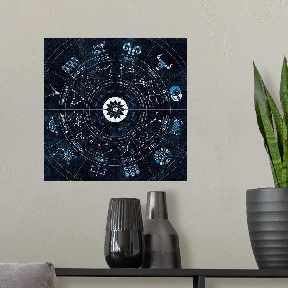 A modern room featuring Circular chart showing all twelve symbols of the zodiac and their constellations.