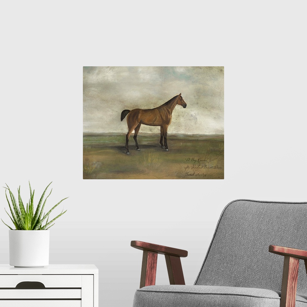 A modern room featuring Contemporary painting of a horse in a field, reminiscent of antique equestrian portraits.