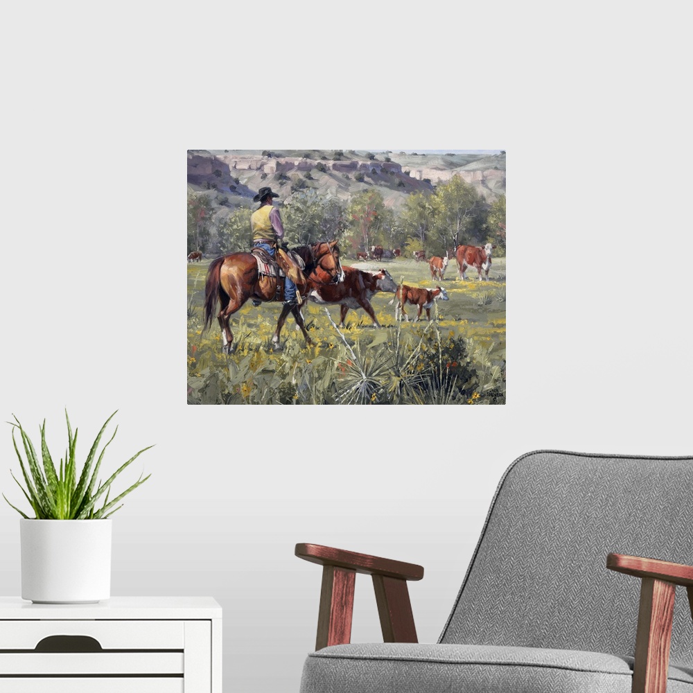 A modern room featuring This contemporary artwork of a cowboy and his cattle reminds one of the simple times during yeste...