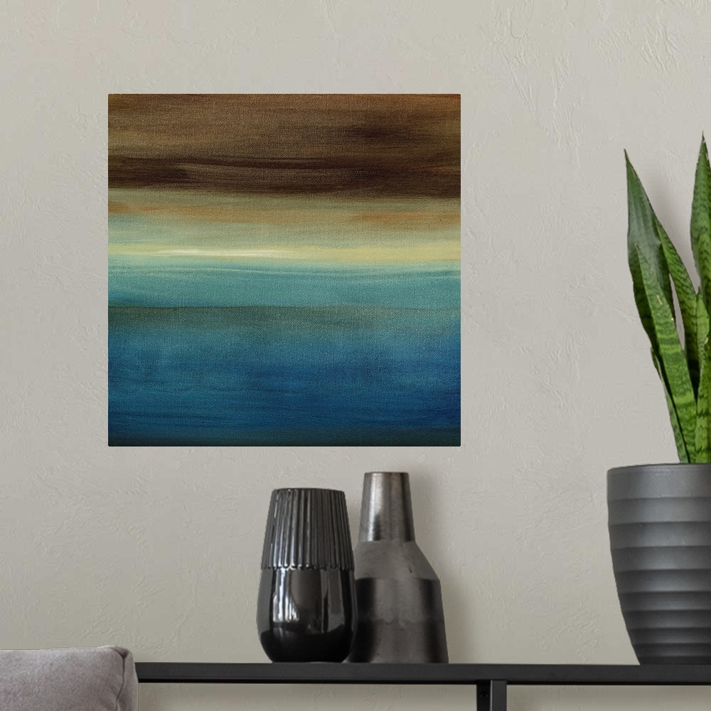 A modern room featuring Contemporary abstract painting of a warm and cool toned colorfield.