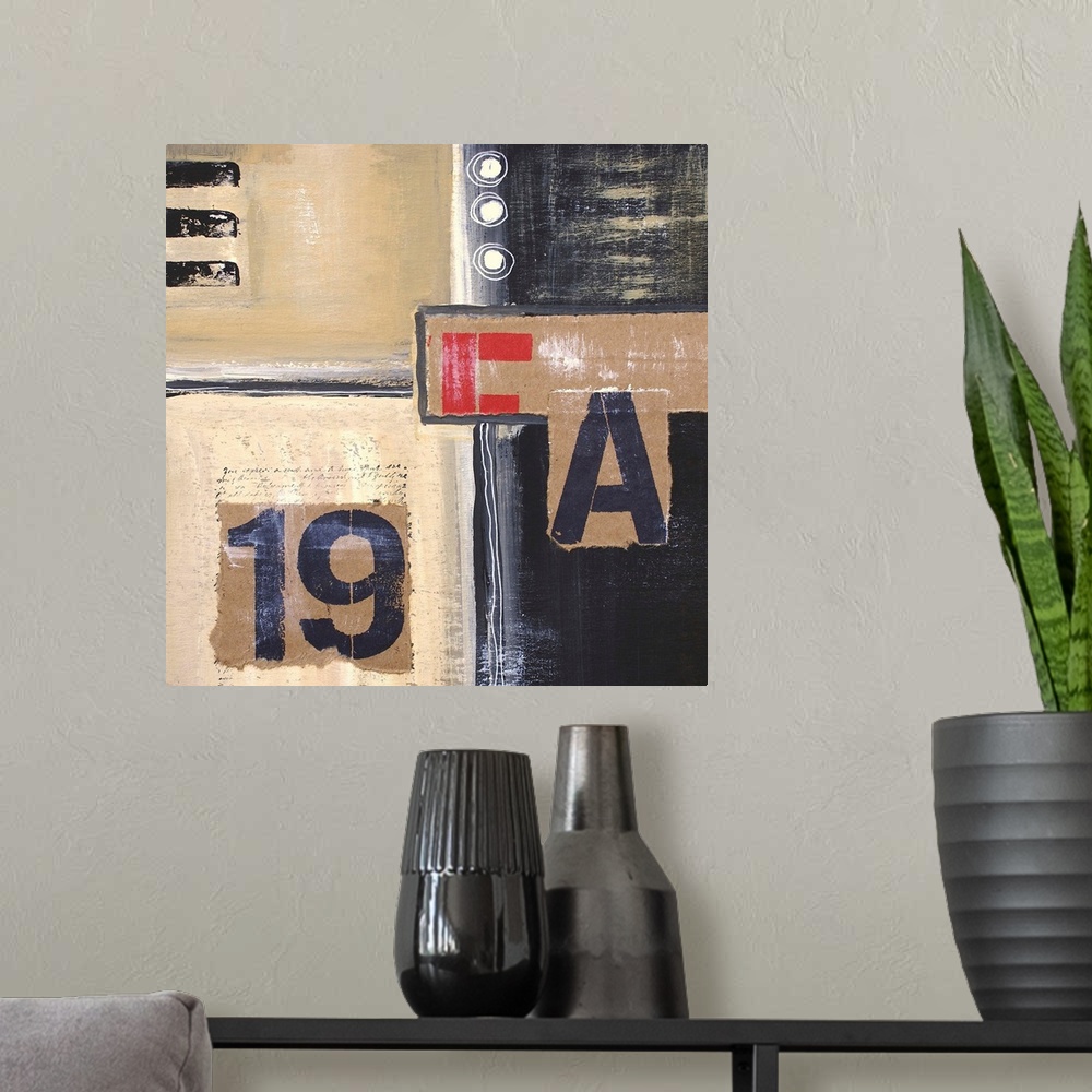 A modern room featuring Collage style artwork using muted paper clippings and paint to make an abstract piece.