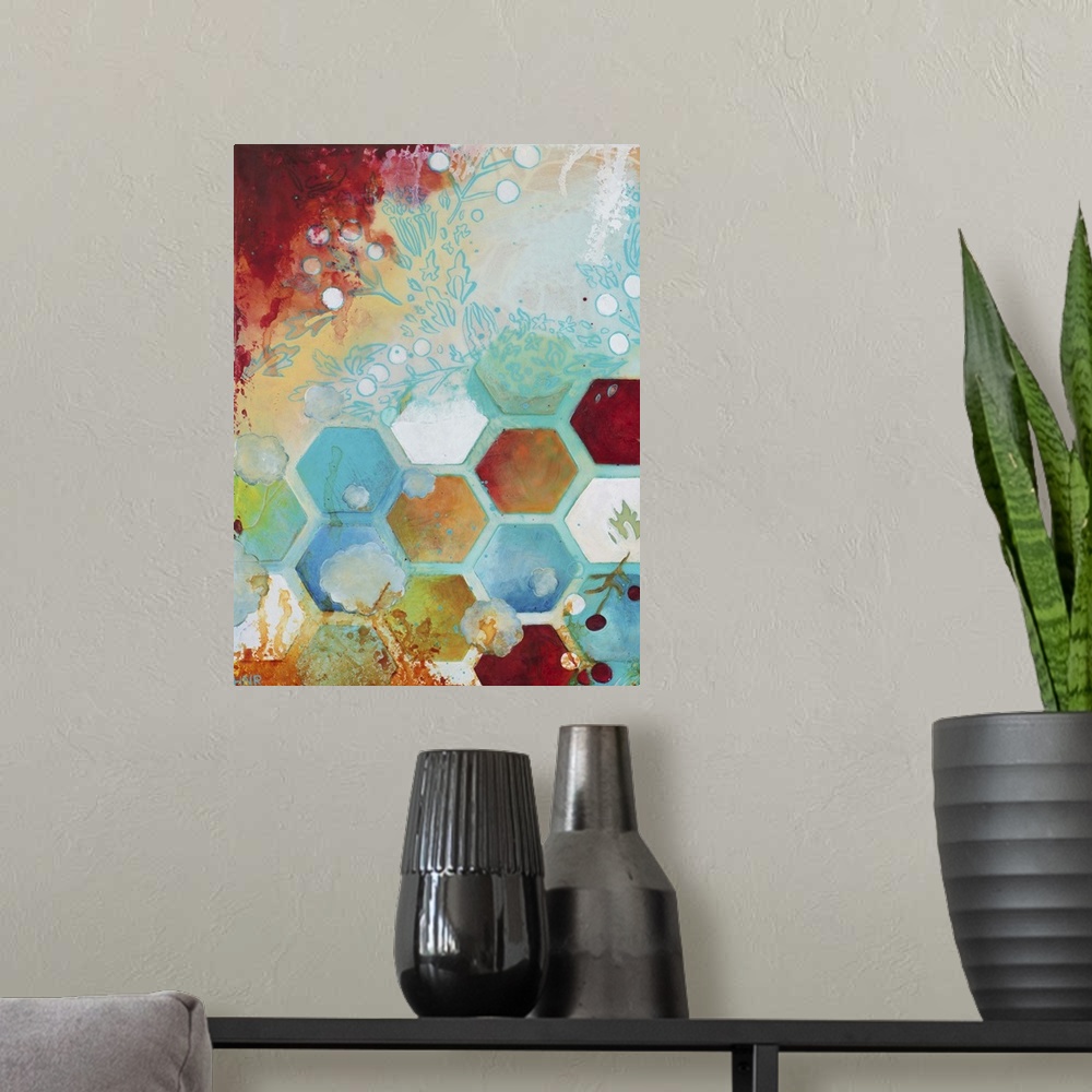 A modern room featuring Abstract artwork in shades of turquoise and orange with a geometric hexagon pattern and floral el...