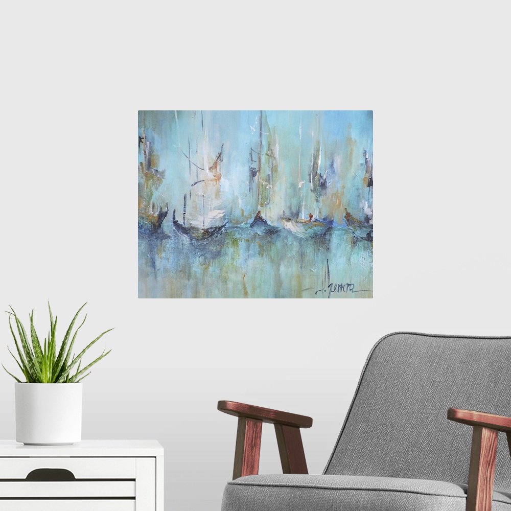 A modern room featuring Contemporary painting of a fleet of sailboats in turquoise water.