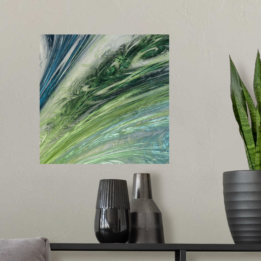 A modern room featuring Vibrant colors and swirling lines form elaborate patterns in this abstract artwork.