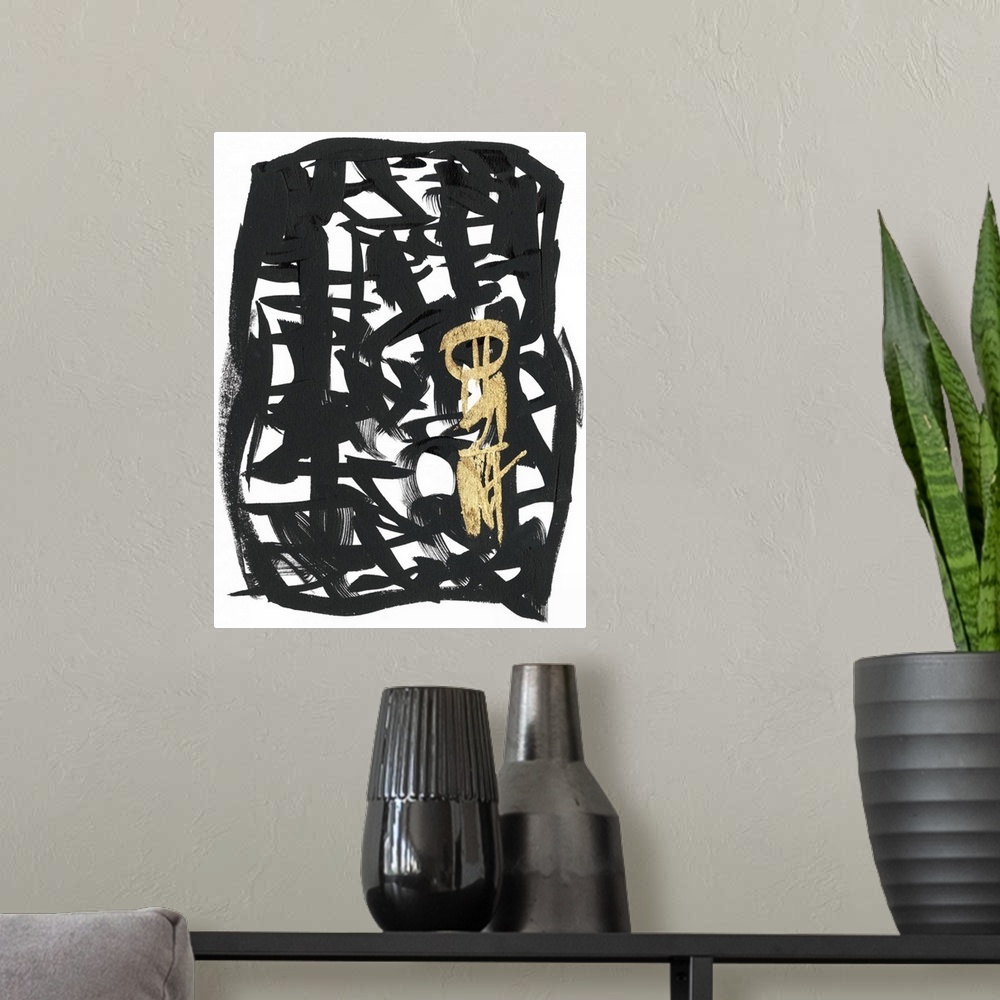 A modern room featuring Broad brush strokes in black and gold create letter-like abstract characters surrounded by a bord...