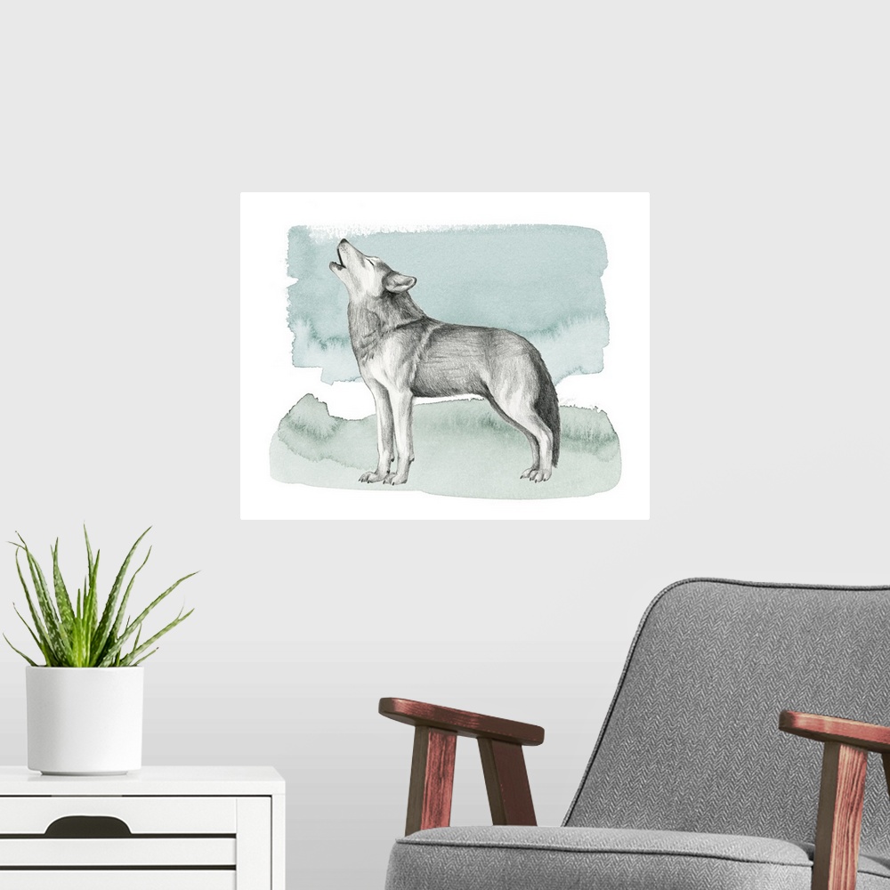 A modern room featuring Graphite sketch of a howling wolf on a blue, green, and white watercolor background.