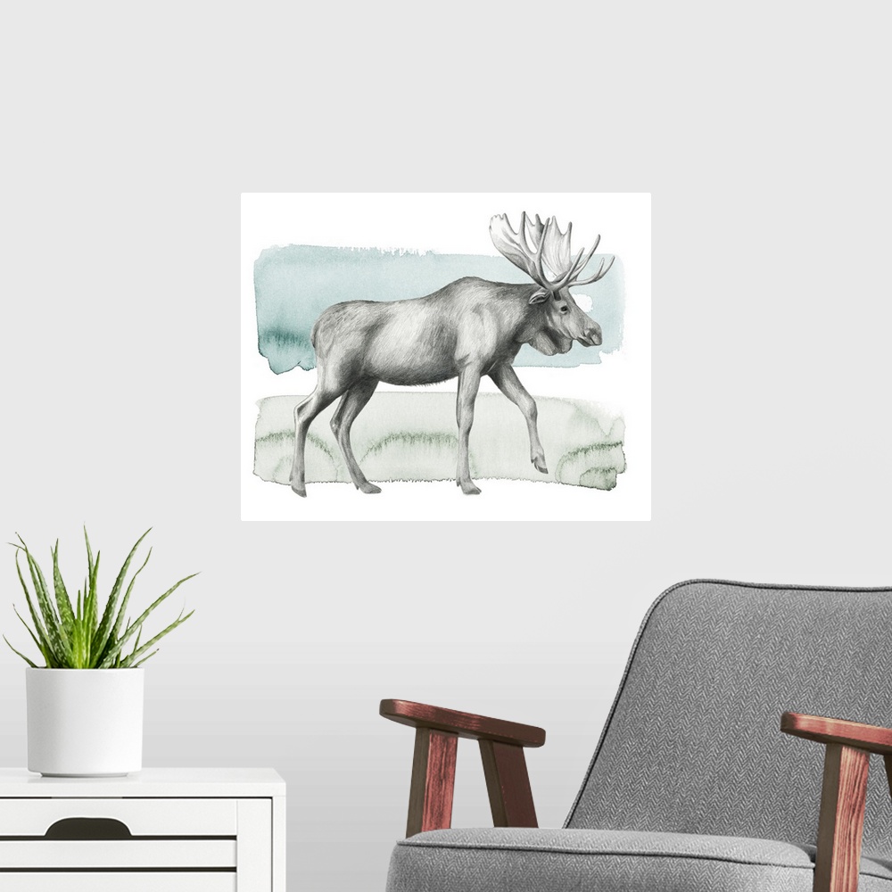 A modern room featuring Graphite sketch of a moose on a blue, green, and white watercolor background.