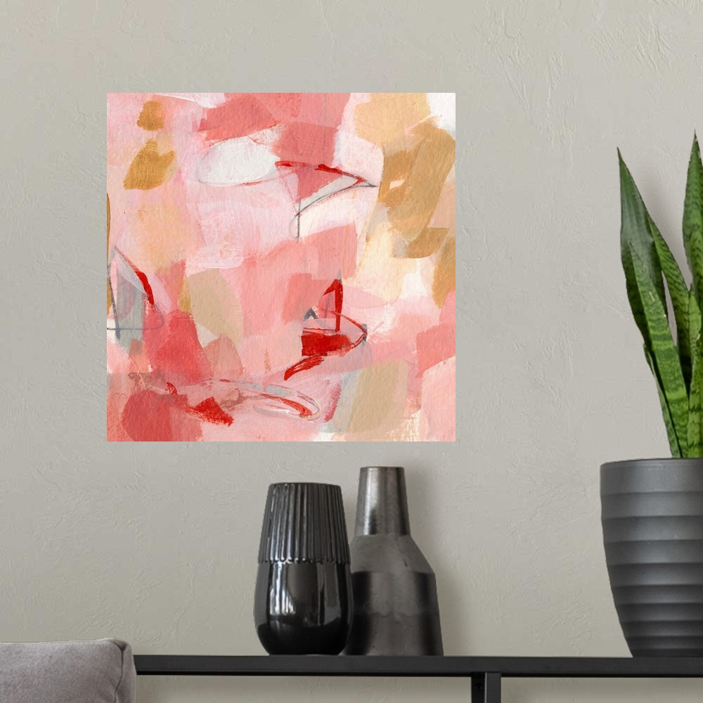 A modern room featuring Contemporary abstract painting using pink tones.