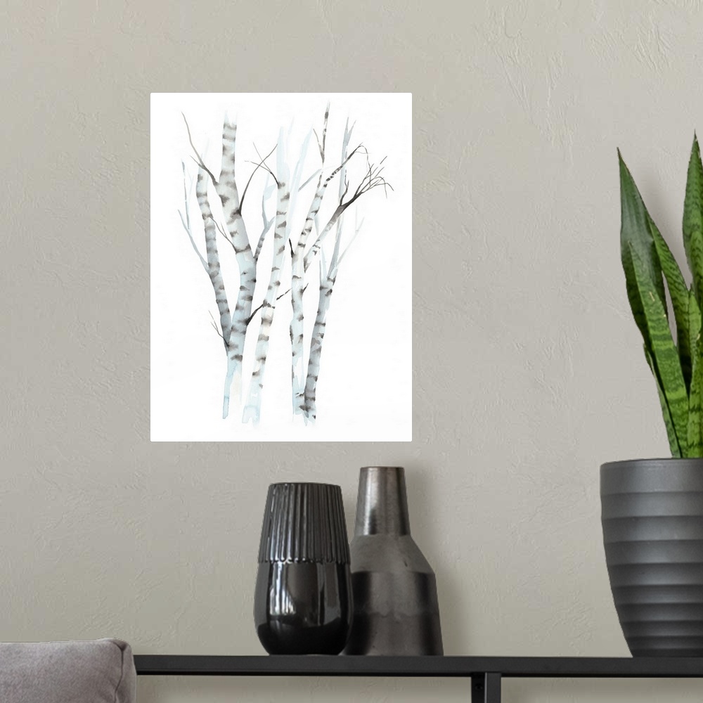 A modern room featuring Watercolor painting of white striped birch trees against a white background.