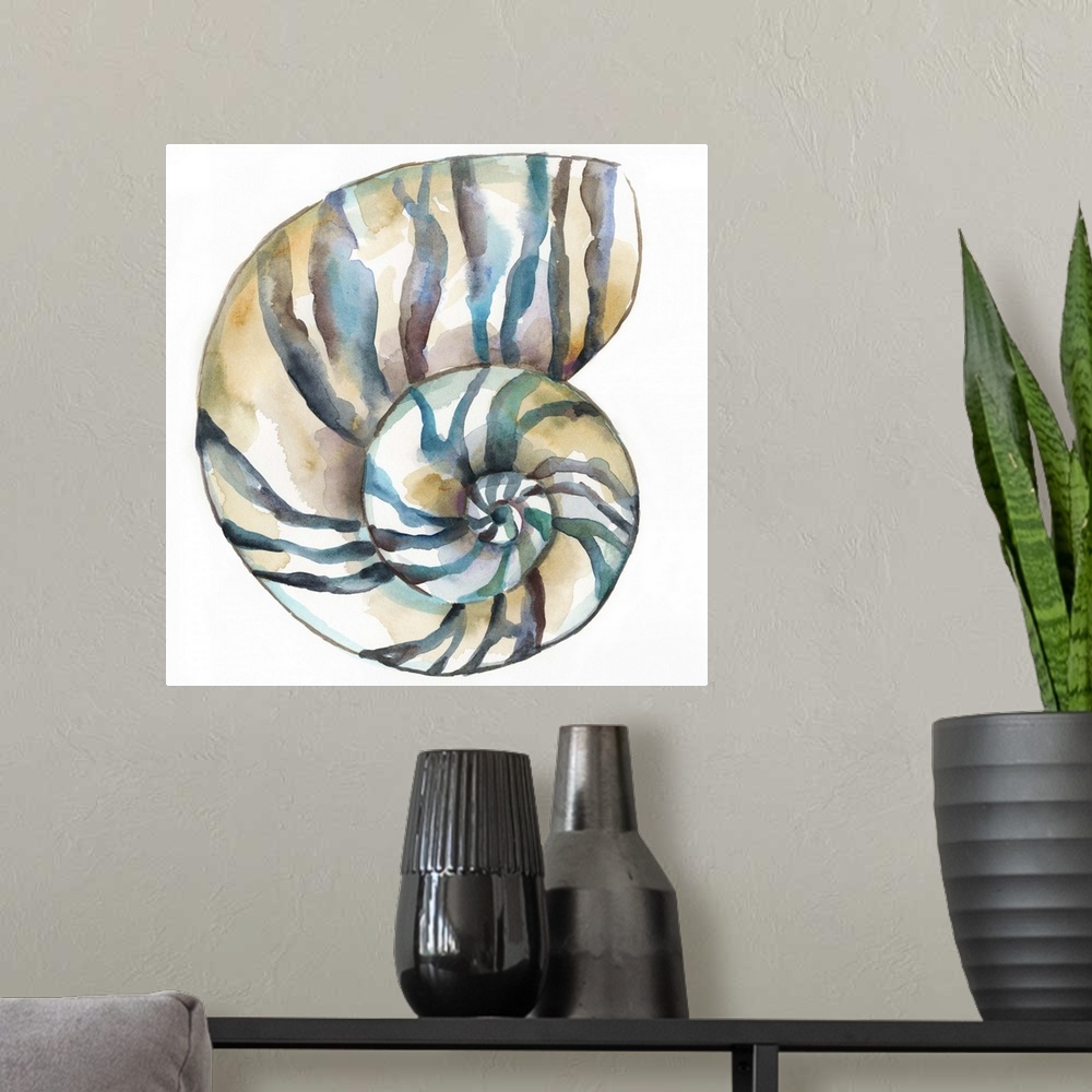 A modern room featuring Detailed watercolor painting of a striped spiral seashell.