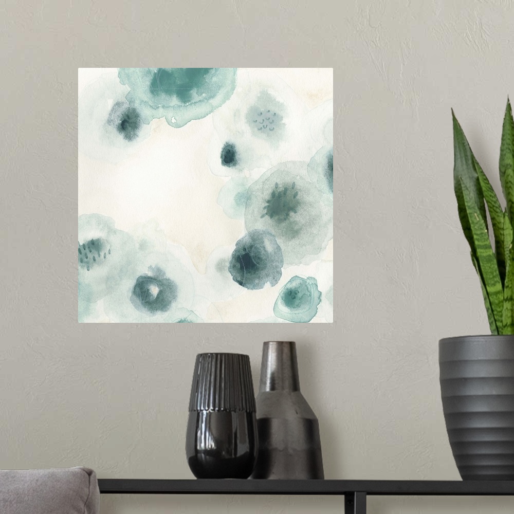 A modern room featuring Abstract watercolor floral painting in pale blue and grey.
