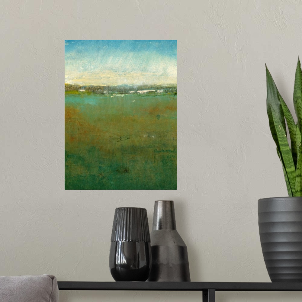 A modern room featuring Abstract artwork of a massive field with a cloudy sky painted above it.