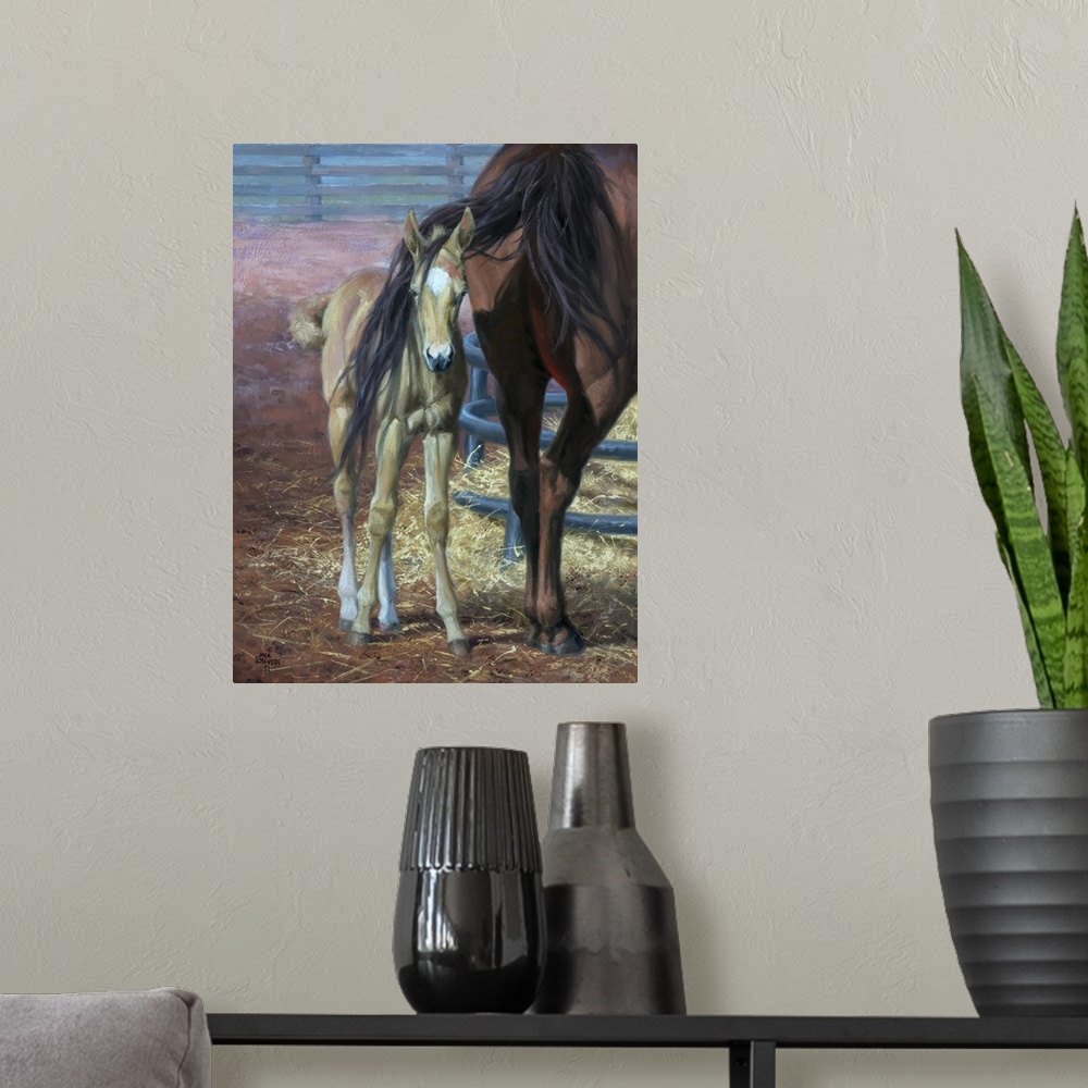 A modern room featuring Lively brush strokes that create a humorous scene of a foal and their mother in this contemporary...