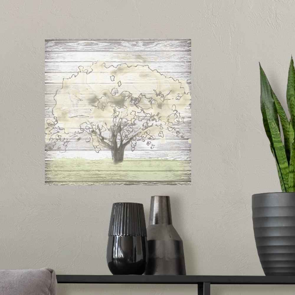 A modern room featuring Creative artwork of a faded tree and grass on a weathered white wood plank background.