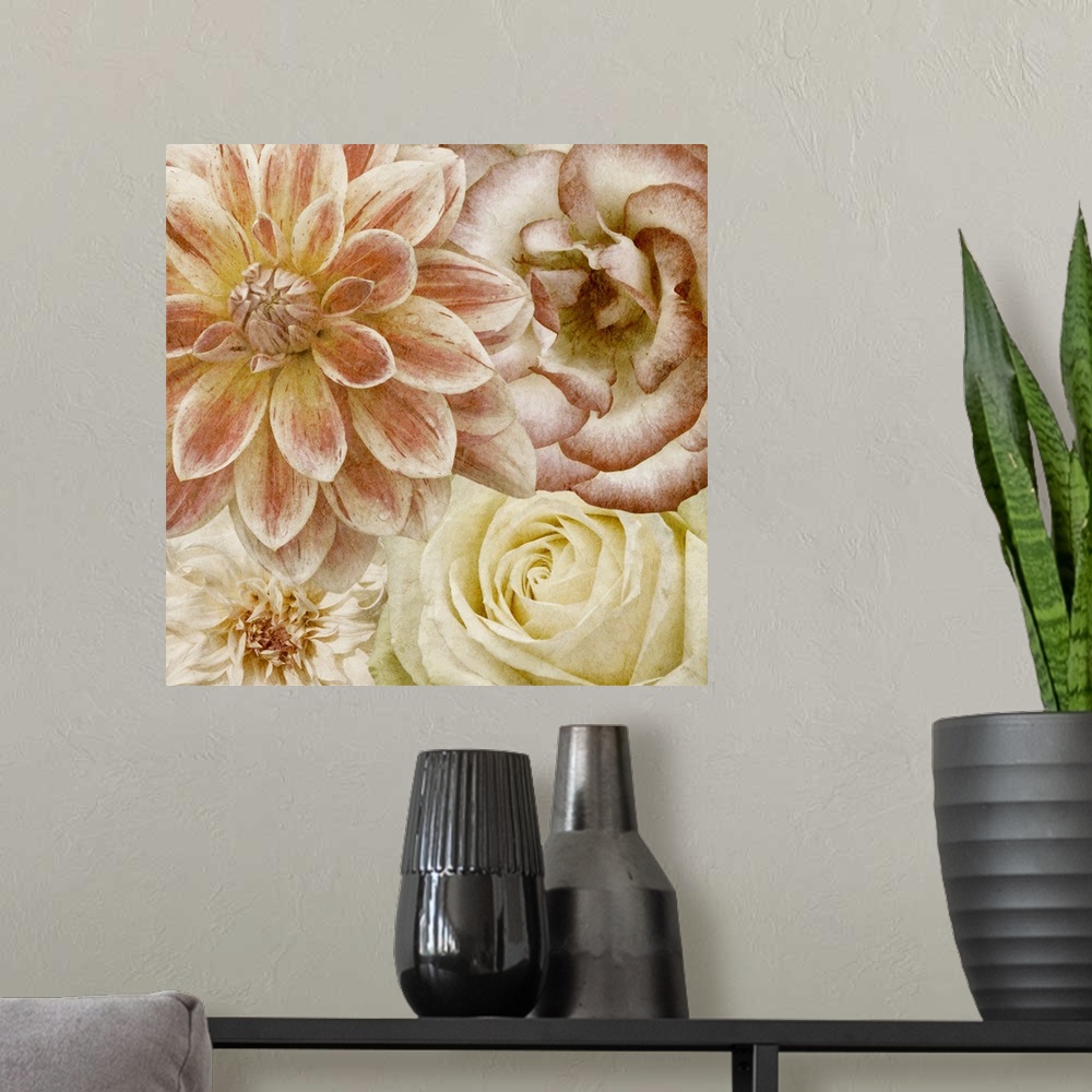 A modern room featuring Flowers in shades of pink and yellow fill this decorative art edge to edge.