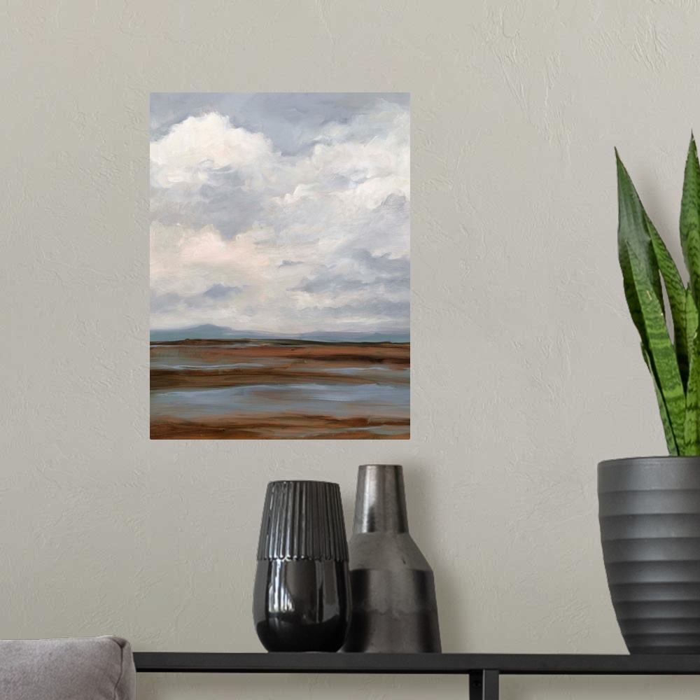 A modern room featuring Contemporary landscape painting with a sky filled with clouds.
