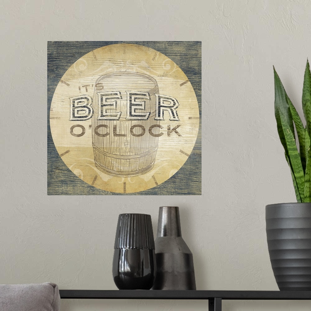 A modern room featuring "It's Beer O'Clock"