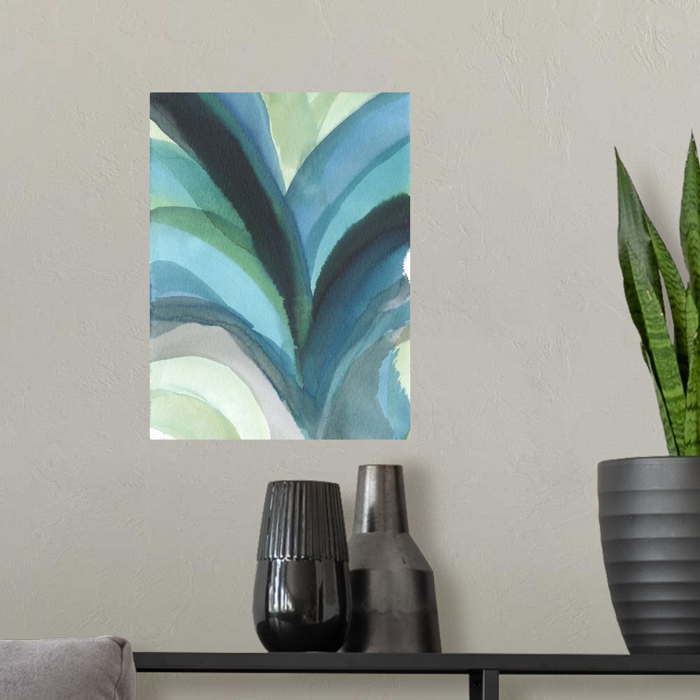 A modern room featuring Contemporary abstract painting using vibrant colors with low transparency.