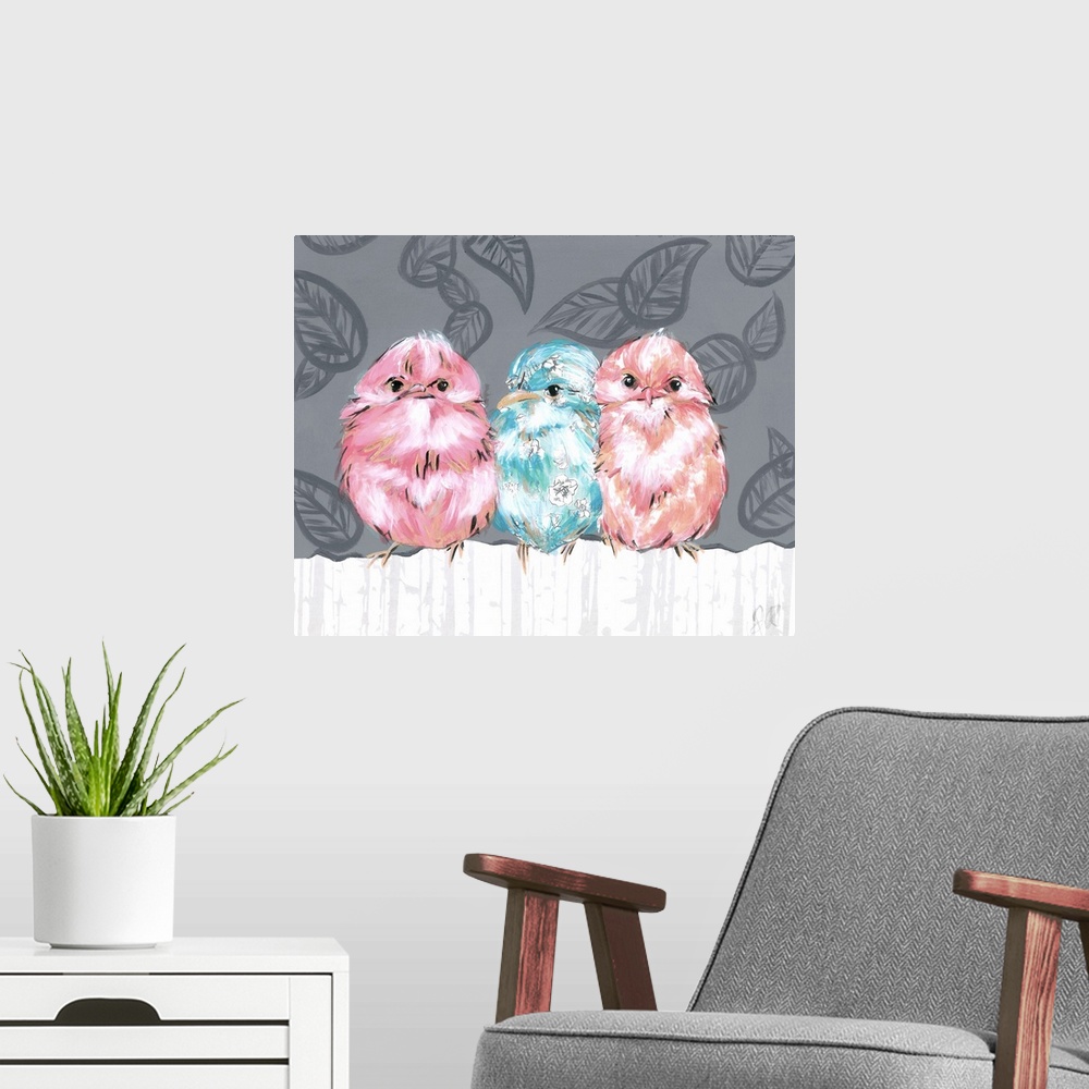 A modern room featuring Three bright colored birds in pink, peach and blue, perched on a white fence against a grey leaf ...