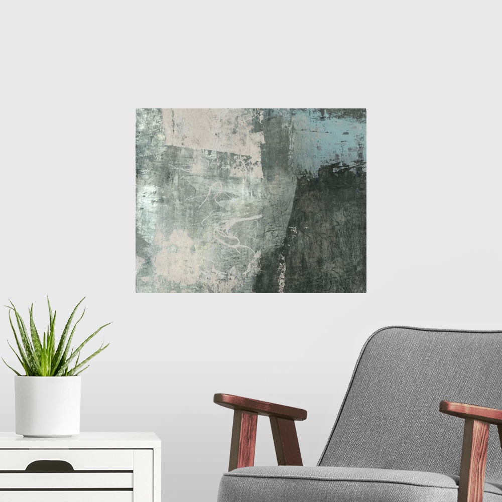 A modern room featuring This industrial abstract consists of blue and gray shades with erratically placed fibrous strands...